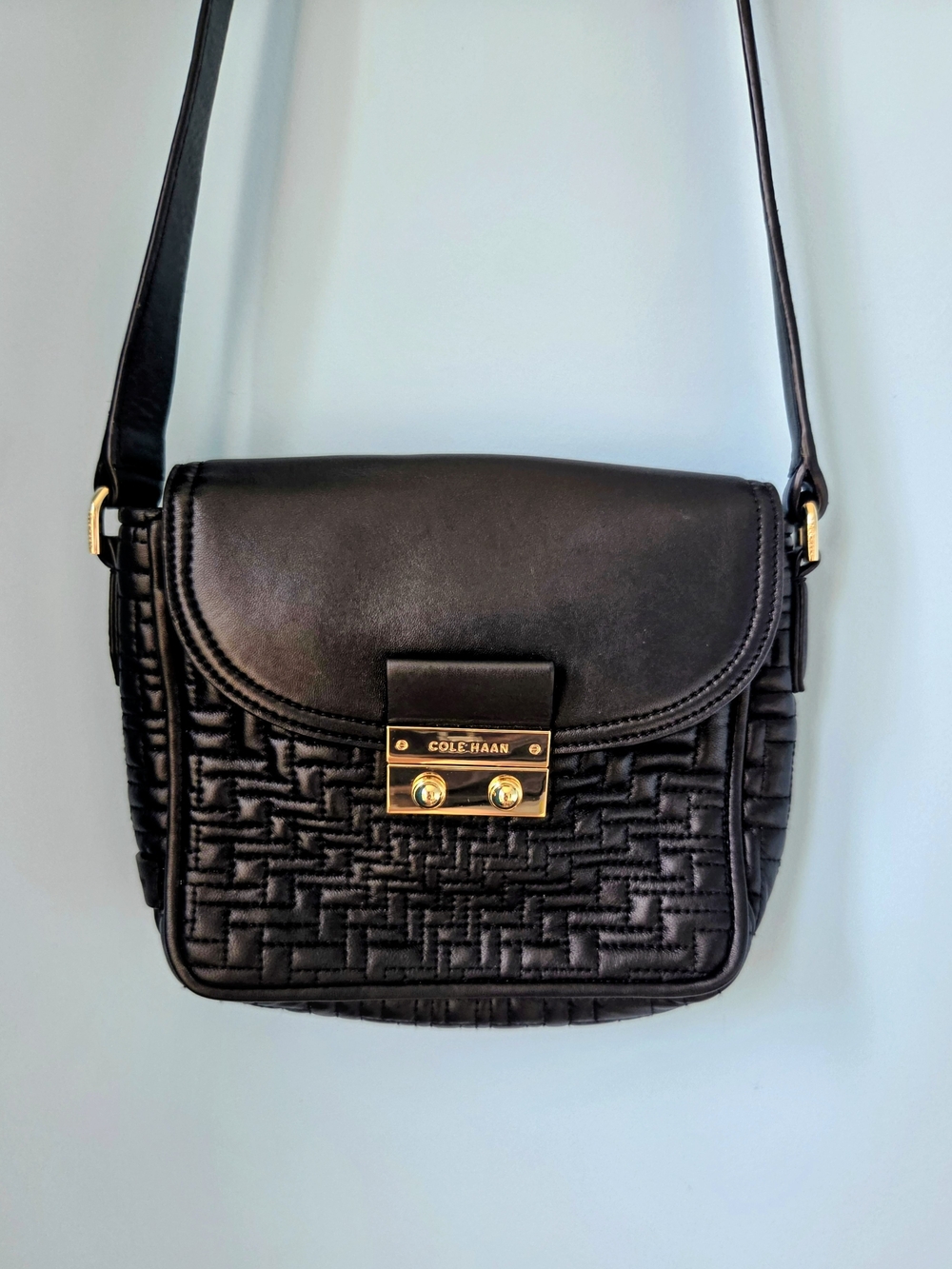 Cole Haan Black Quilted Leather Crossbody with Gold Hardware